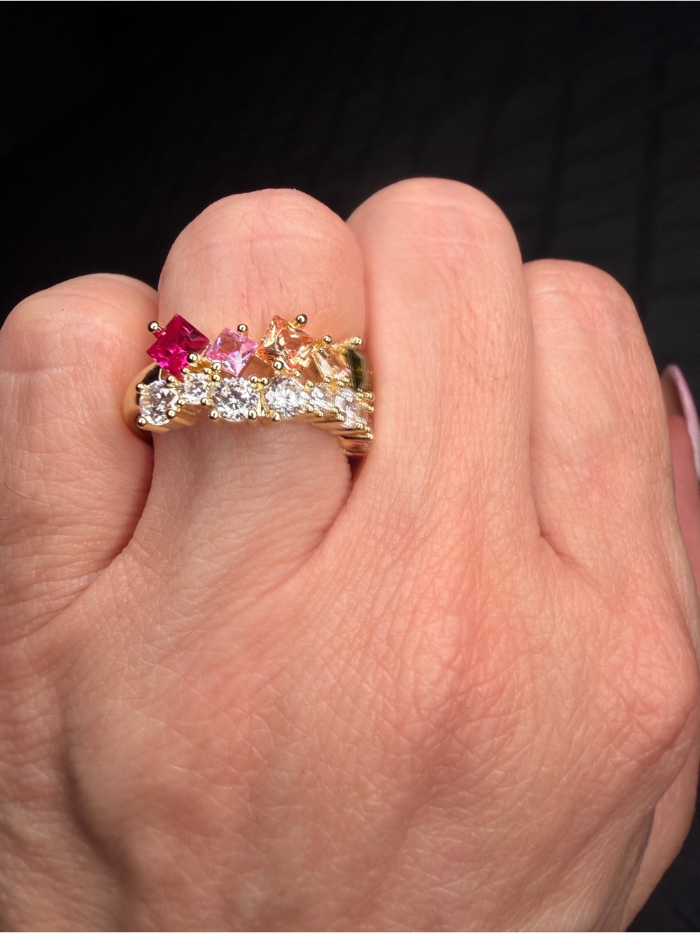 Gold Filled Rainbow Princess Cut AAA CZ Statement Ring size 8